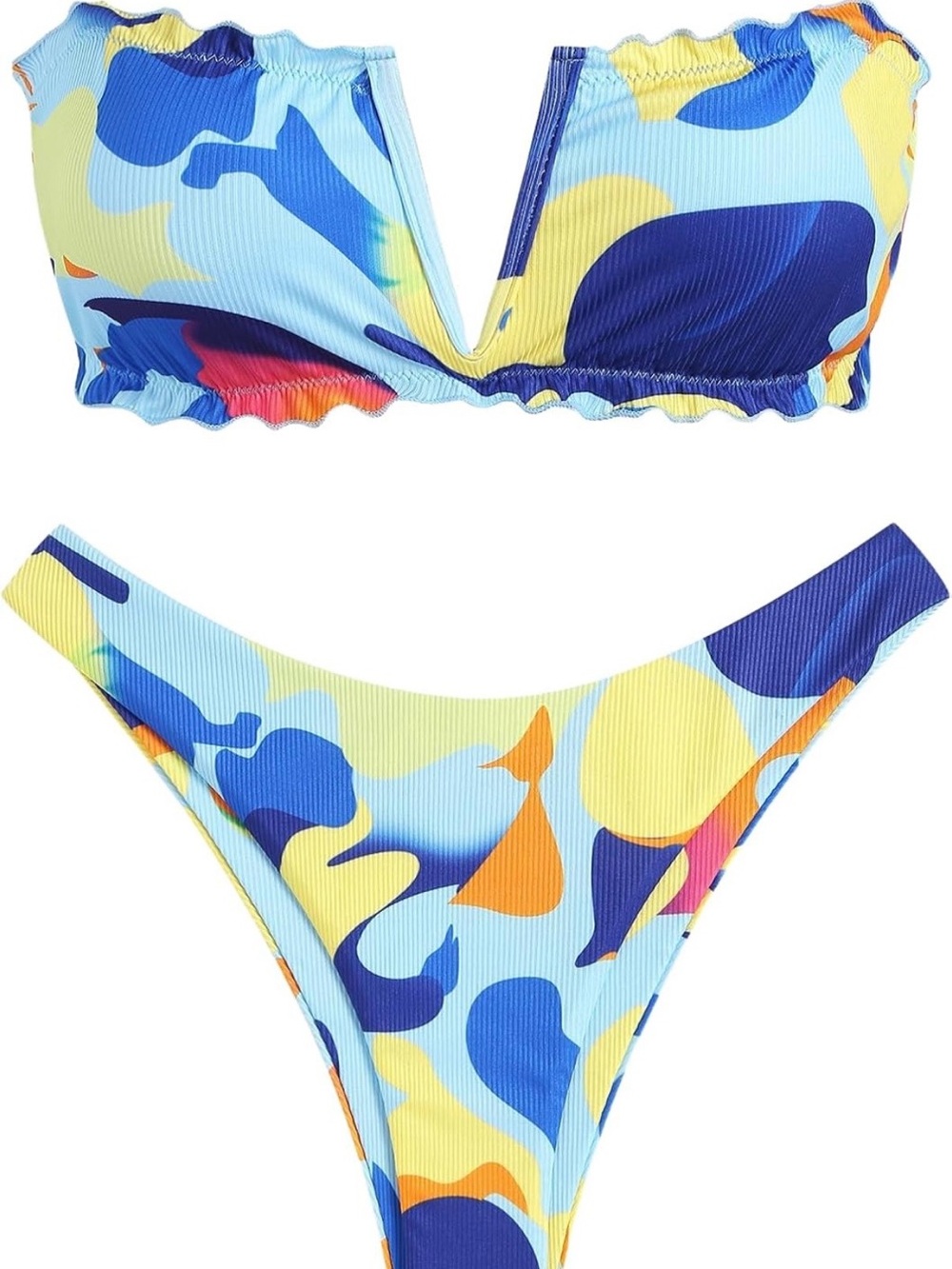 Vivid Abstract Print Ribbed Bikini Set - Blue & Yellow